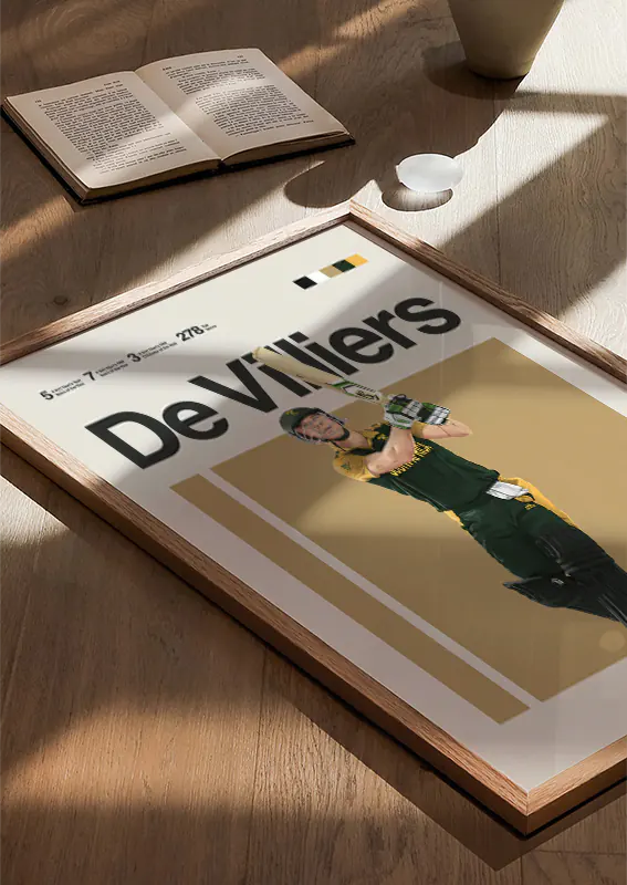 AB De Villiers print showing batting form and green-gold colors