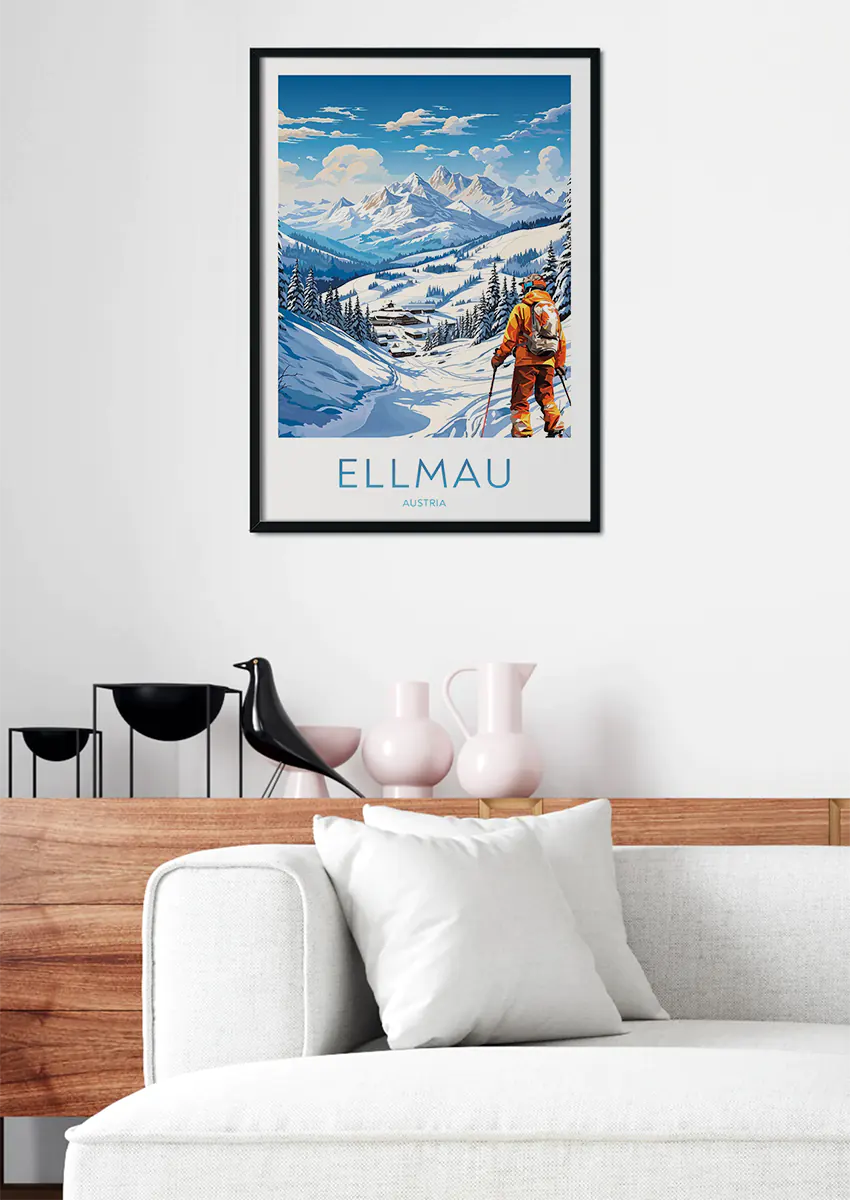 Winter Alps travel wall art featuring mountains and alpine village