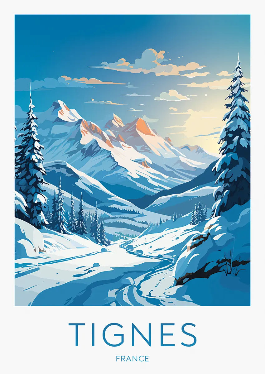 Tignes France travel poster with snowy mountain sunrise