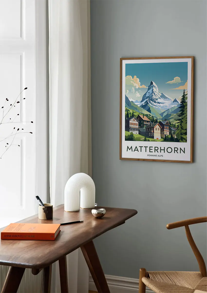 switzerland pennine alps wall art print featuring iconic peak and chalets