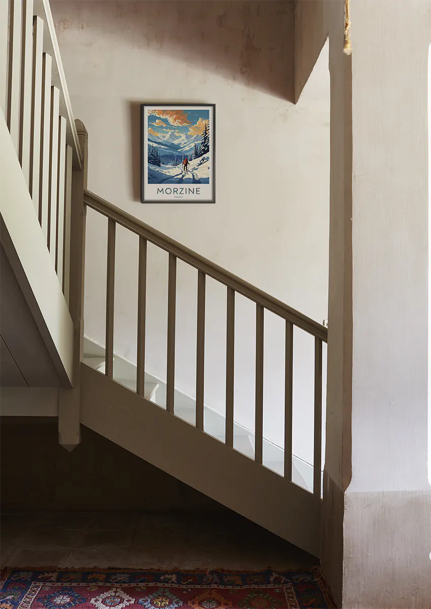 french alps winter wall art featuring sunset and ski trail view