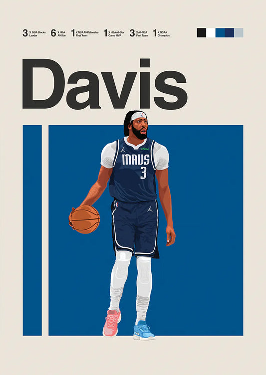 Anthony Davis Mavericks-style poster with NBA career stats