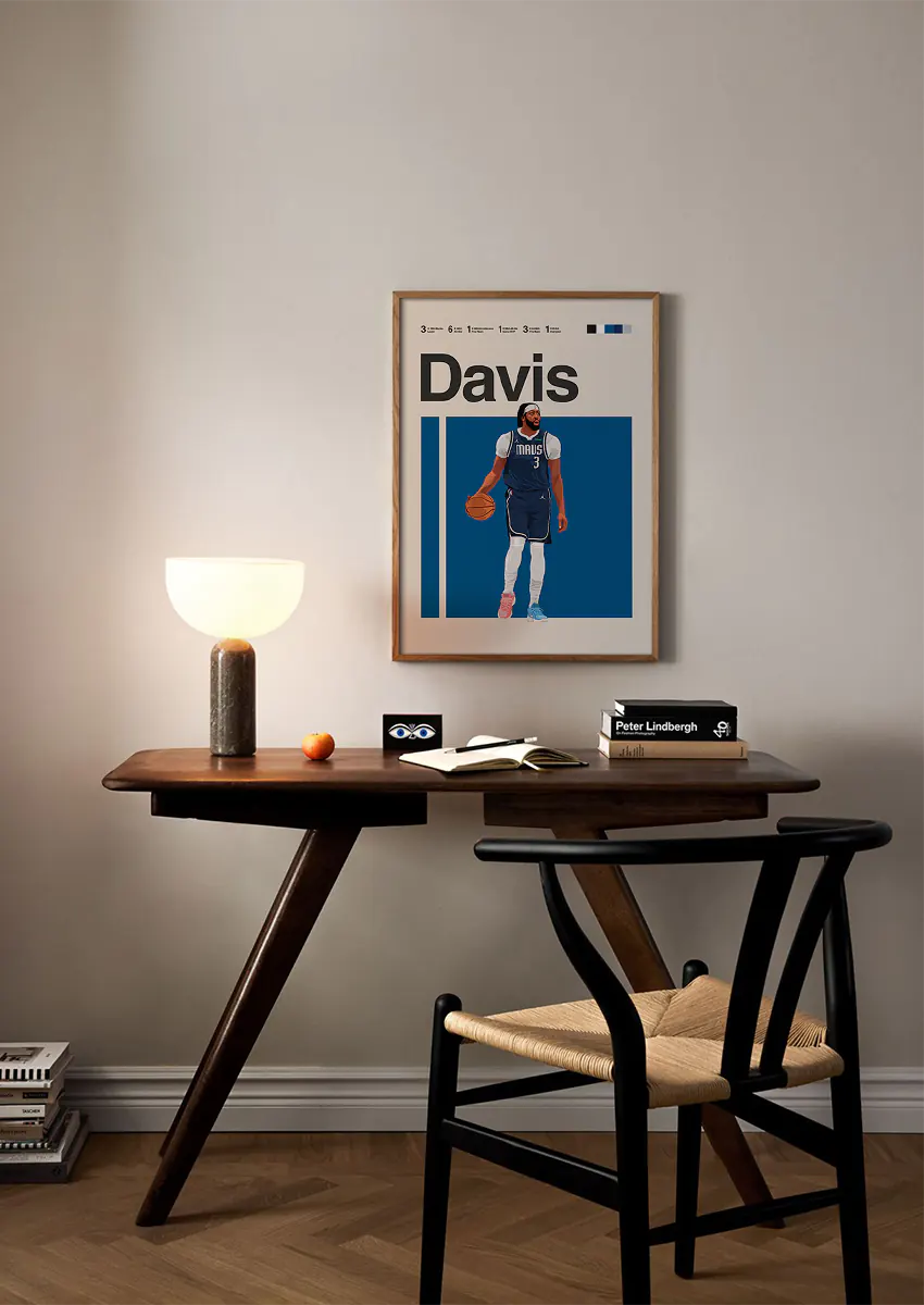 Illustrated wall art of Anthony Davis in navy and white color scheme