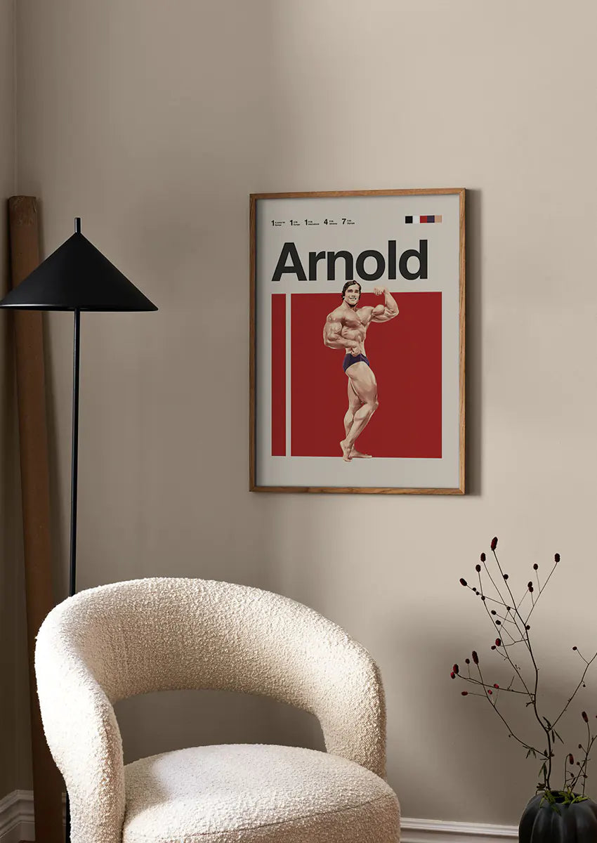 Vintage bodybuilding wall art of Arnold Schwarzenegger flexing