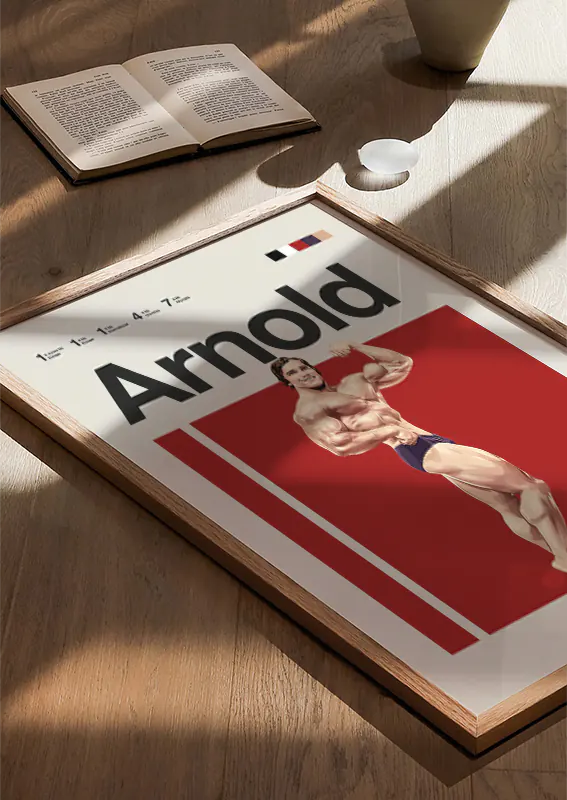 Classic muscle art print featuring Arnold on red background