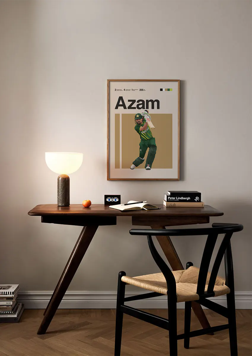 Wall art of Babar Azam with beige background and power stance