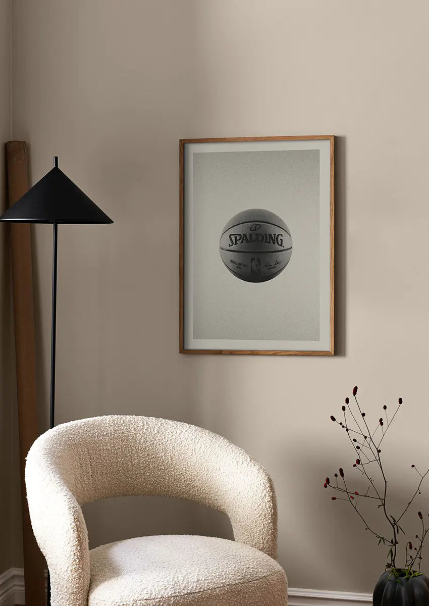 Modern sports wall art print with Spalding basketball on grainy background