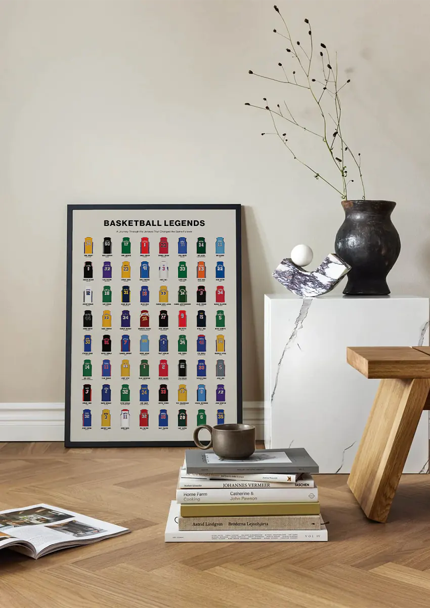 Colorful basketball wall art with 72 famous jerseys including Jordan and LeBron