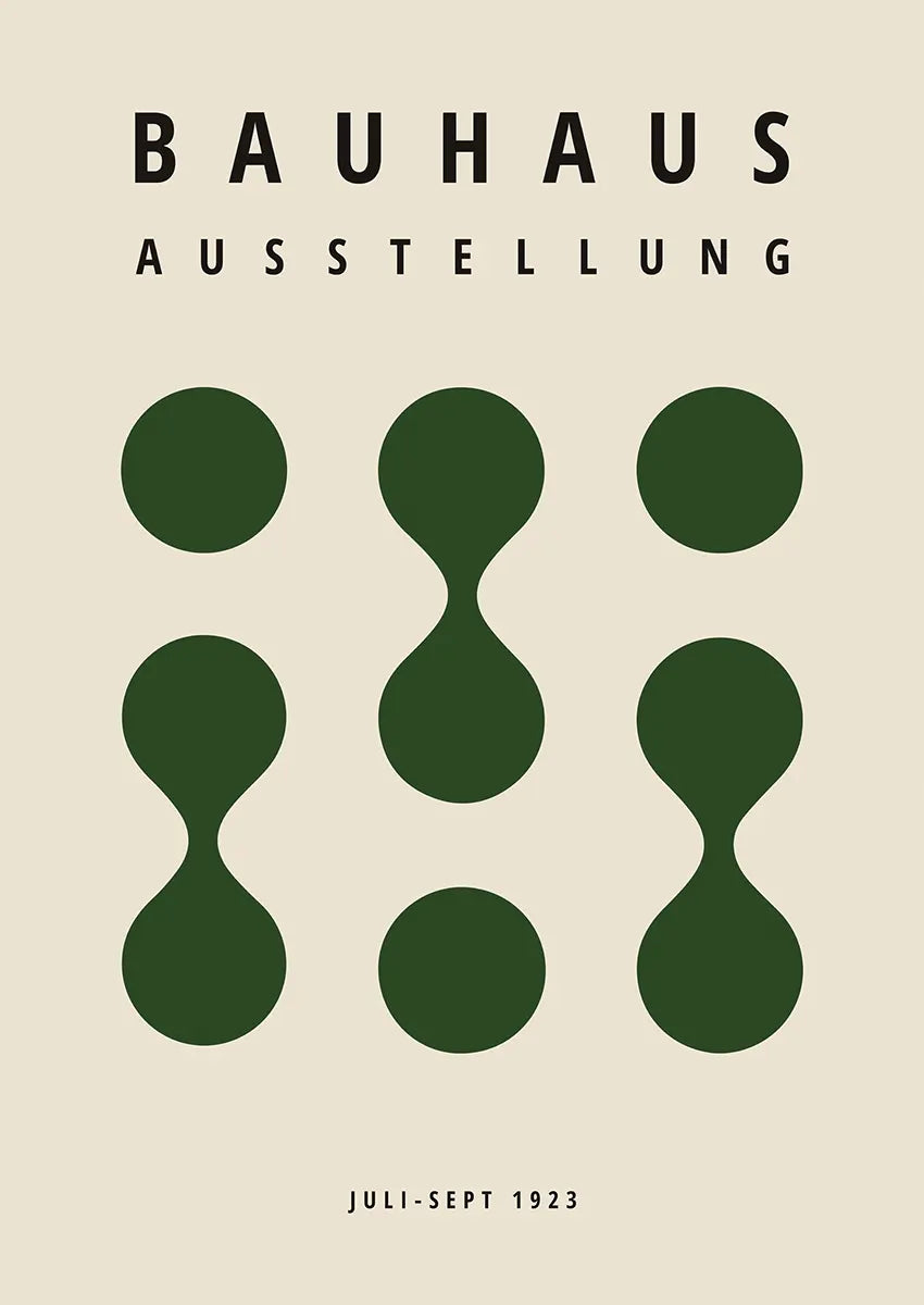 bauhaus poster with green geometric shapes and beige background