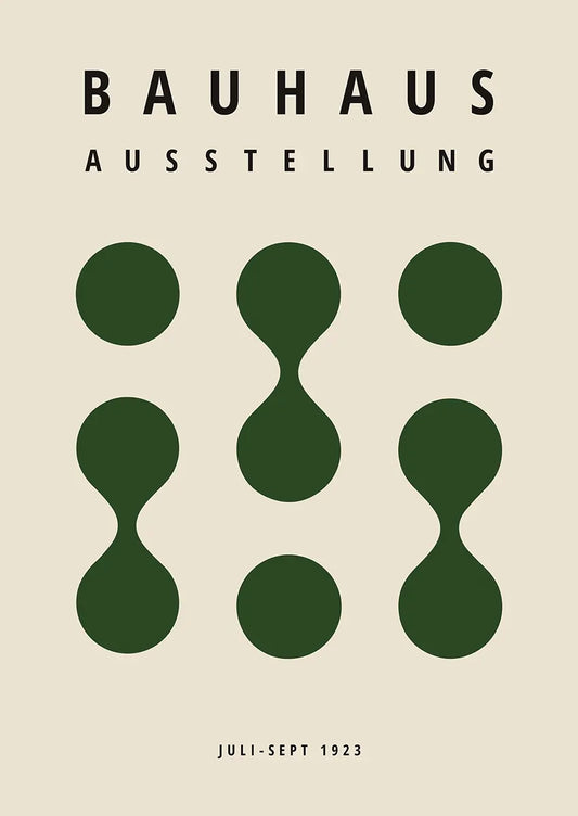 bauhaus poster with green geometric shapes and beige background