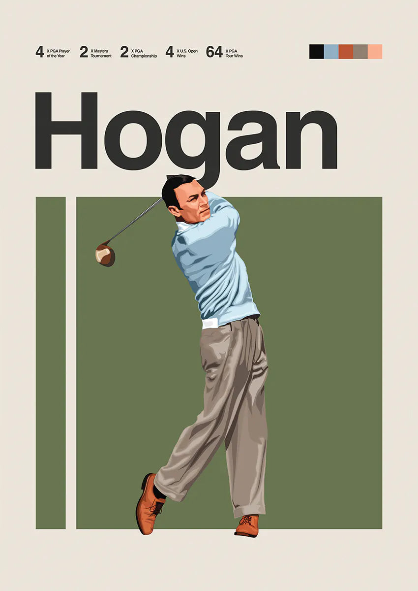Ben Hogan poster featuring golfer mid-swing with vintage tones
