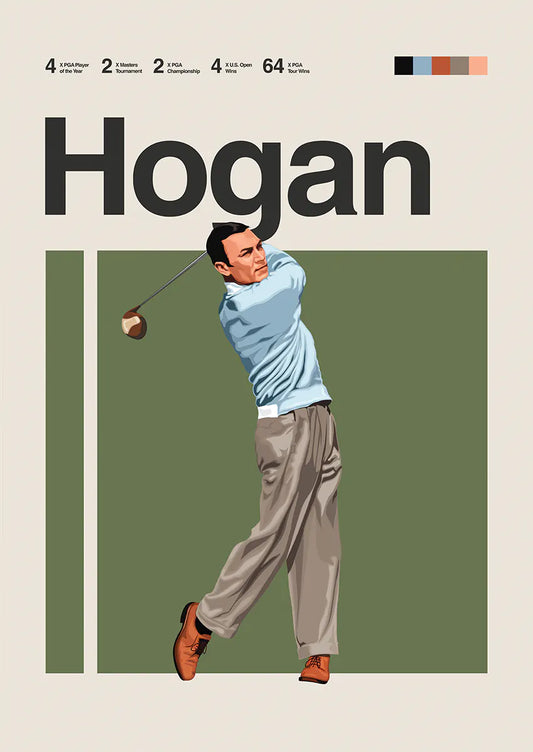 Ben Hogan poster featuring golfer mid-swing with vintage tones