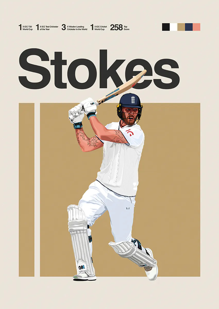 Ben Stokes cricket poster in white kit mid-swing