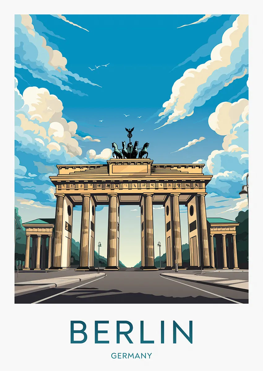 Berlin travel poster featuring Brandenburg Gate with clear blue sky