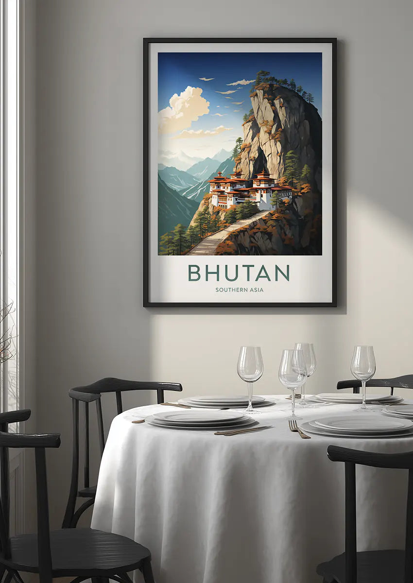 Southern Asia wall art with Himalayan mountains and temple architecture