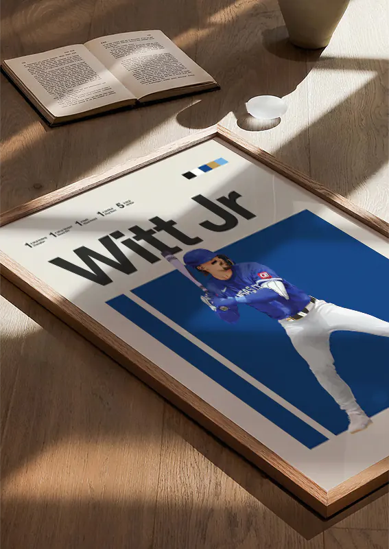 Baseball action print of Bobby Witt Jr with bold blue background