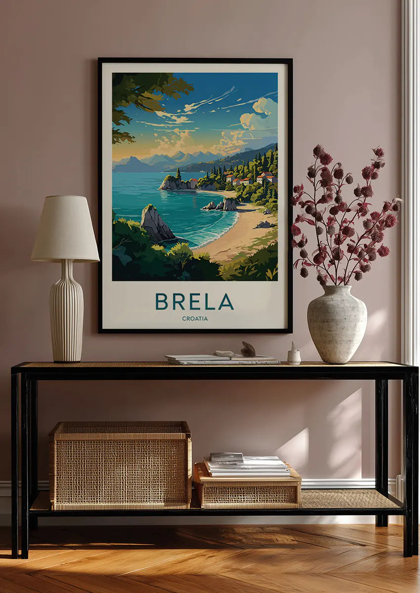 Coastal wall art featuring cliffs, seaside homes, and Mediterranean landscape