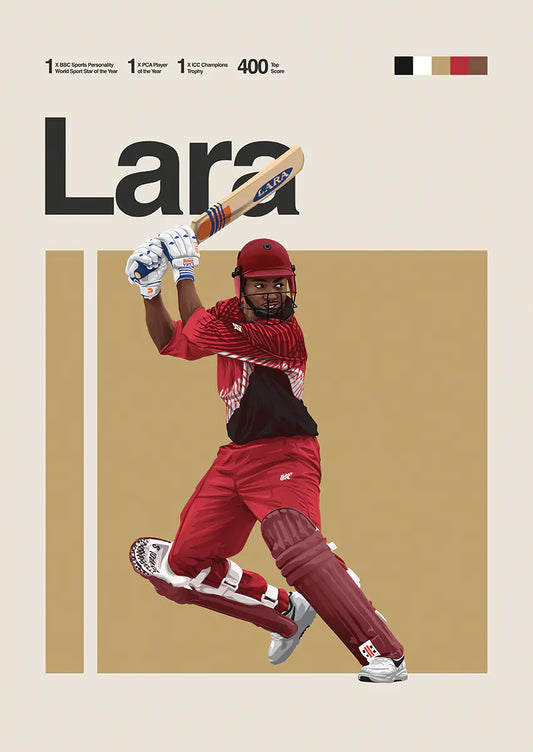 Brian Lara cricket poster in red and maroon batting pose