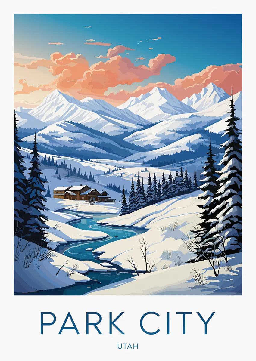 winter travel poster of Park City Utah snowy mountains and creek