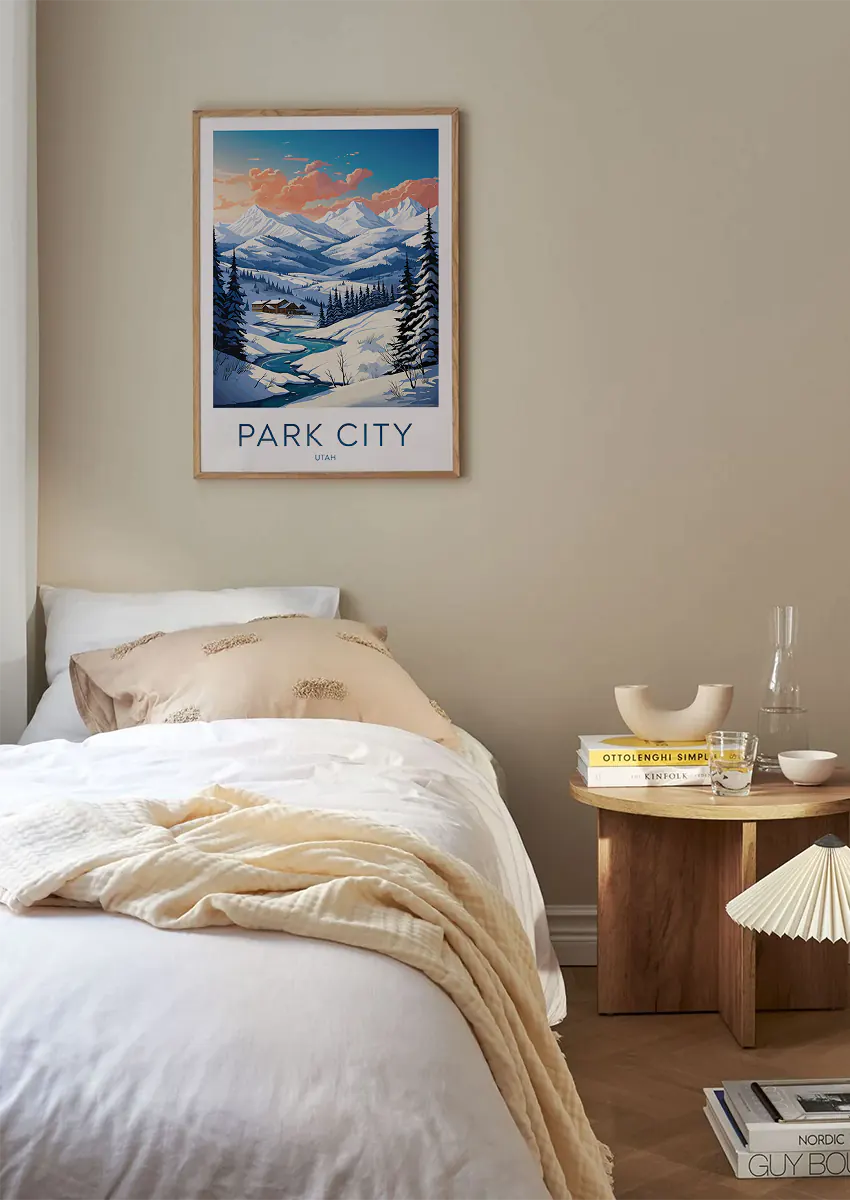 snowy cabin and pine forest wall art from Park City Utah