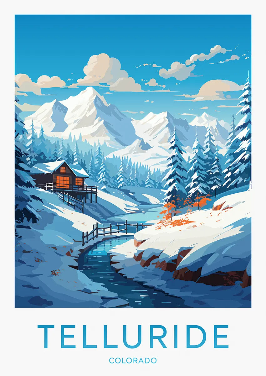 Telluride Colorado winter travel poster with mountain cabin and snowy forest