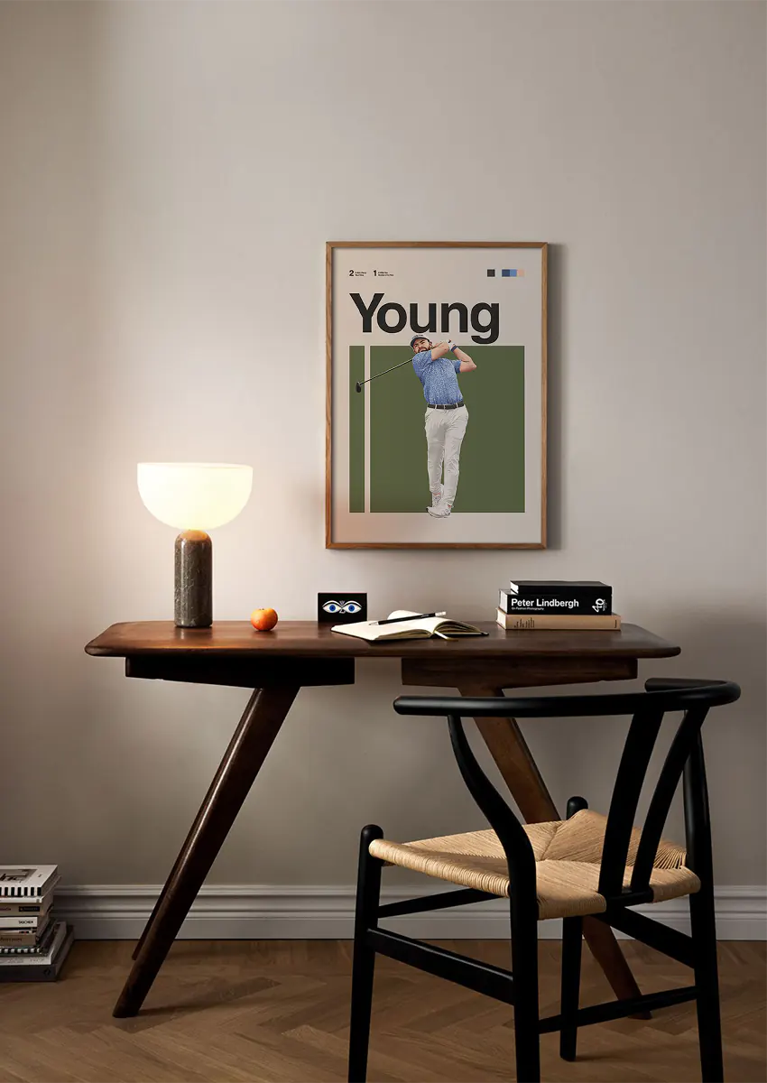 golf wall art of Cameron Young with white pants and olive green backdrop