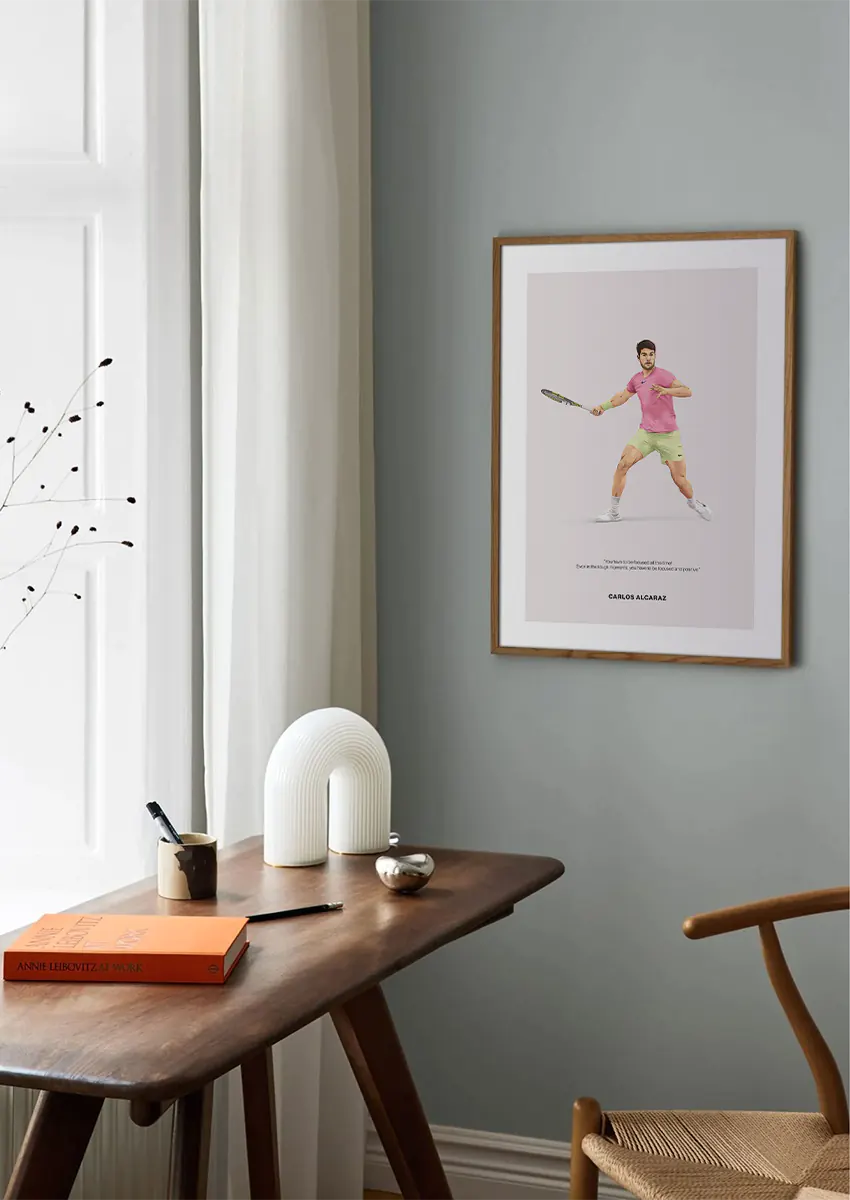 Tennis wall art featuring Carlos Alcaraz in pink and yellow