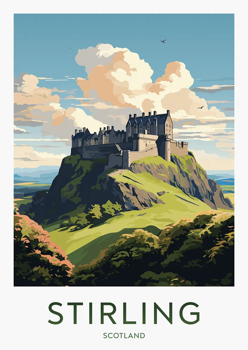 Stirling Castle Scotland travel poster with dramatic hilltop view