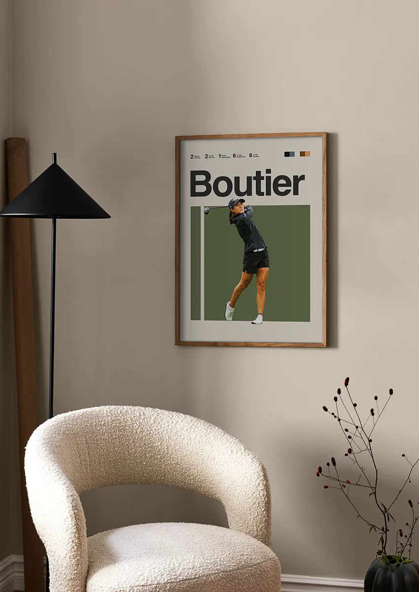 modern golf poster of Celine Boutier in minimalist sports illustration style