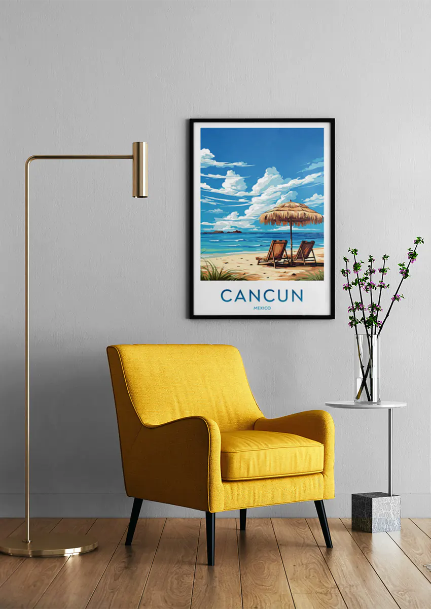 Beach scene wall art featuring tropical coastline in Cancun, Mexico