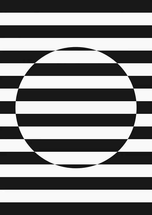 black and white abstract geometric poster with circle and stripes