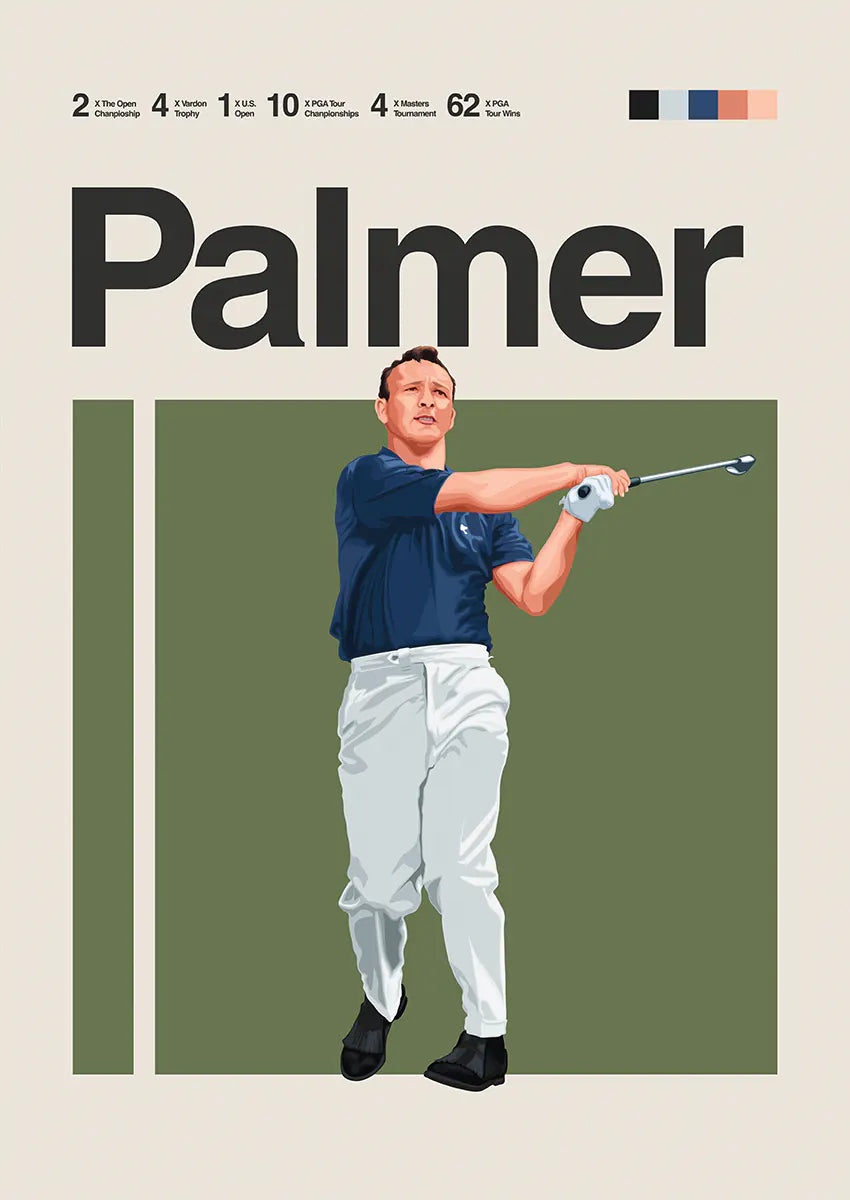 Arnold Palmer poster mid-swing with dark navy and olive tones