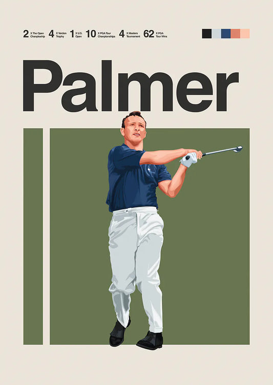Arnold Palmer poster mid-swing with dark navy and olive tones