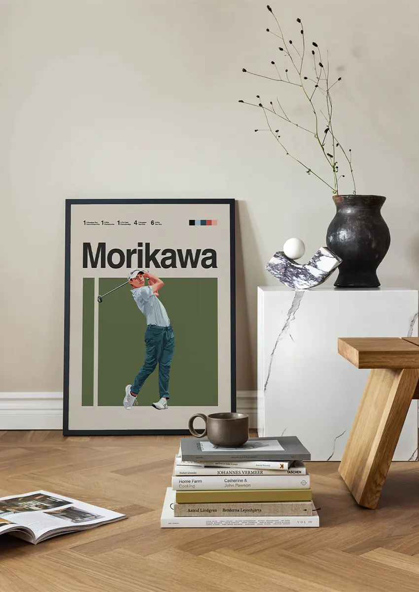 golf wall art of Collin Morikawa in minimalist illustration and athletic pose