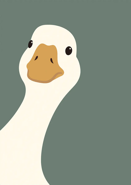 Minimalist duck poster with cute expression and green background