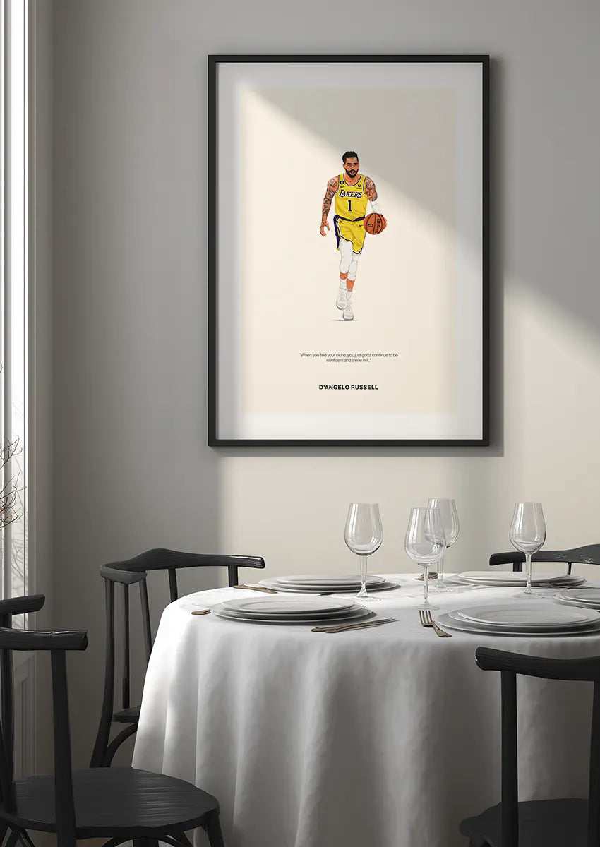 NBA wall art print featuring D'Angelo Russell dribbling in yellow jersey