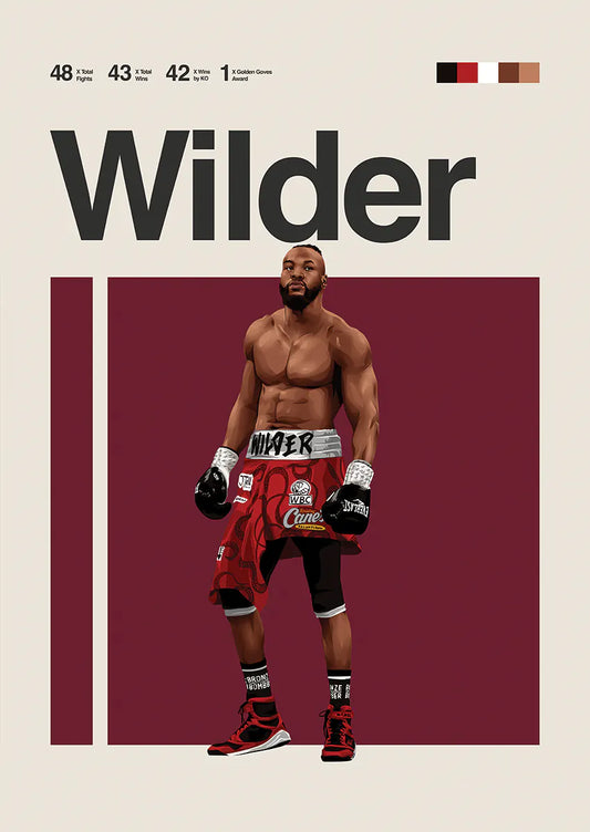 Deontay Wilder poster with boxing stats and red shorts