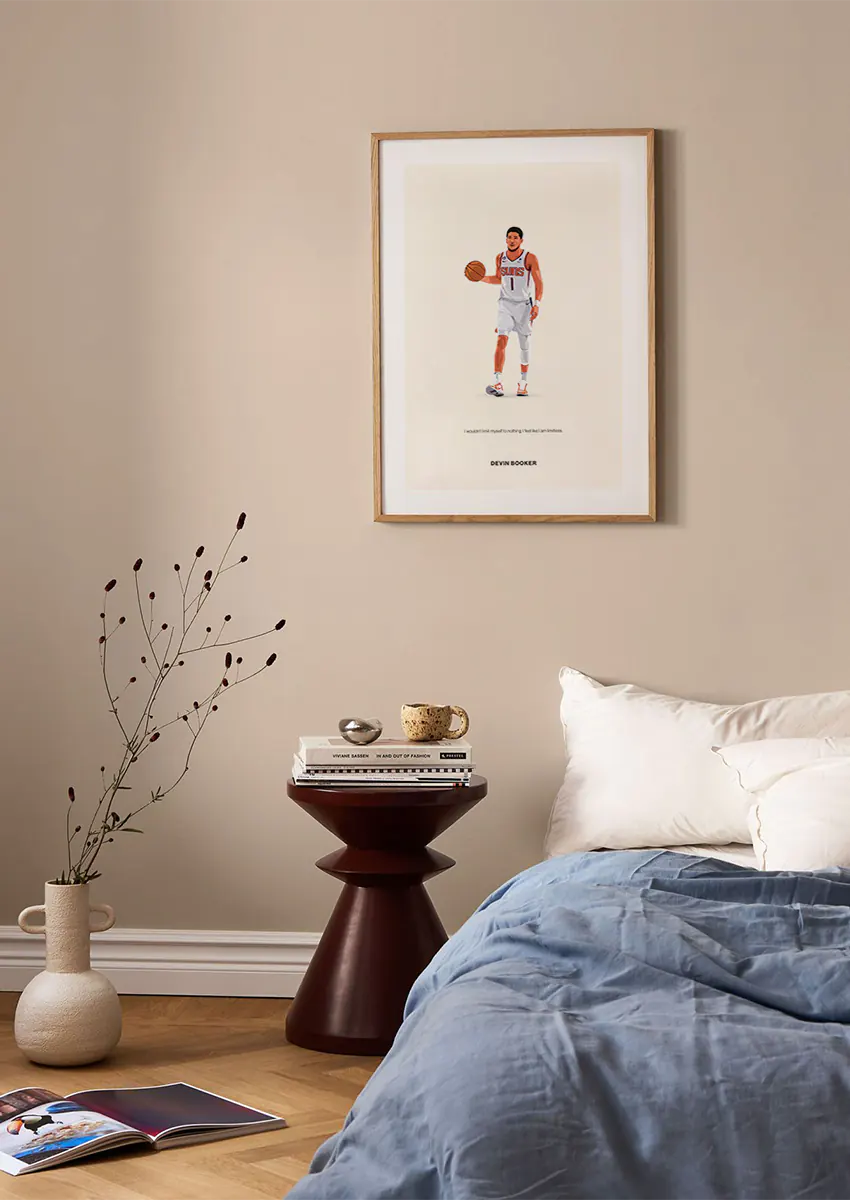NBA wall art print featuring Devin Booker walking with ball and confident message