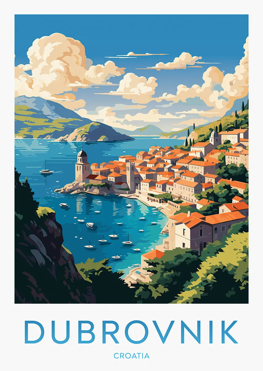 Dubrovnik Croatia poster with boats in Adriatic Sea