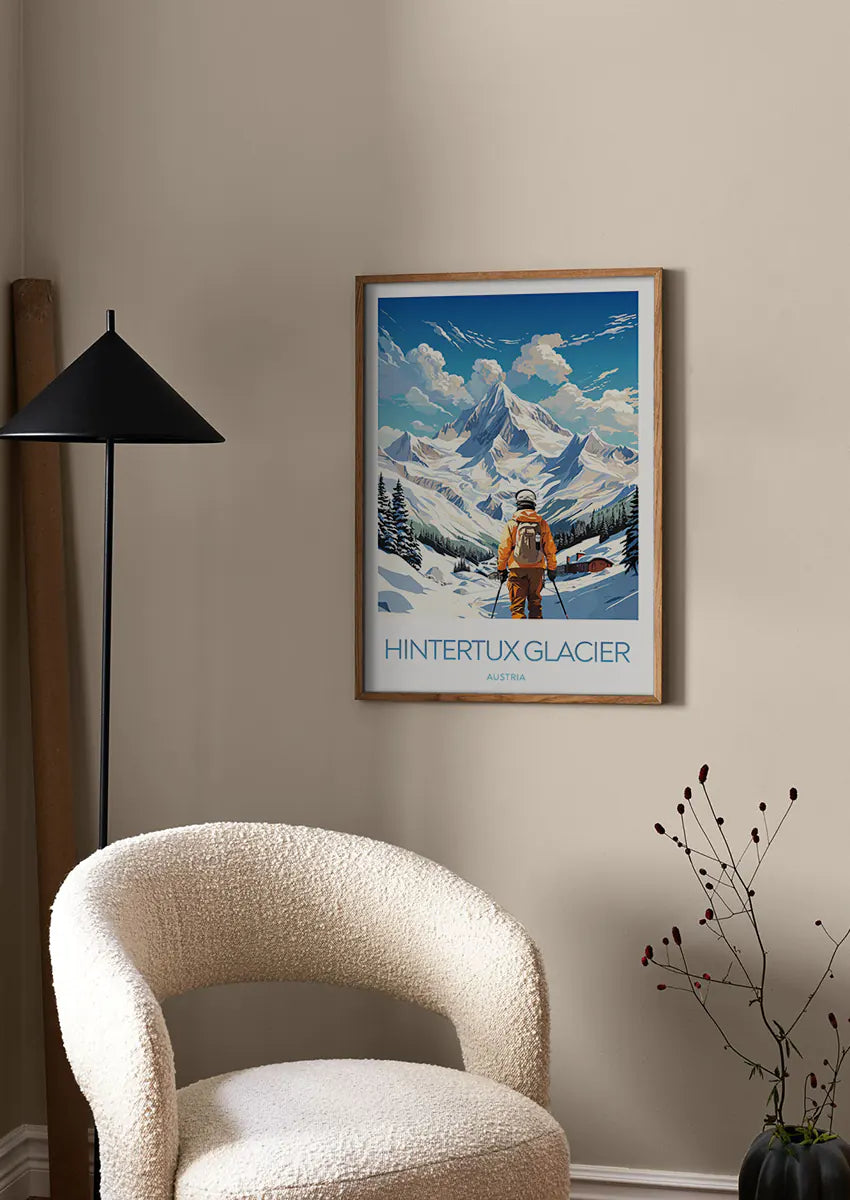 Skier looking at alpine peaks travel art print for winter decor