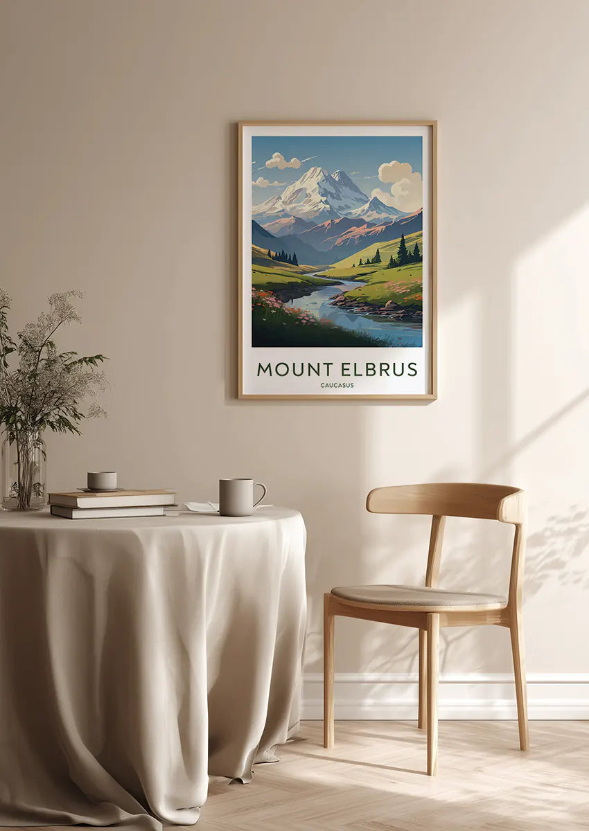 caucasus mountain wall art featuring sunrise and wildflower stream