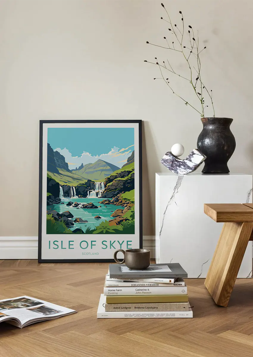 Scotland travel art print featuring waterfalls and green hills