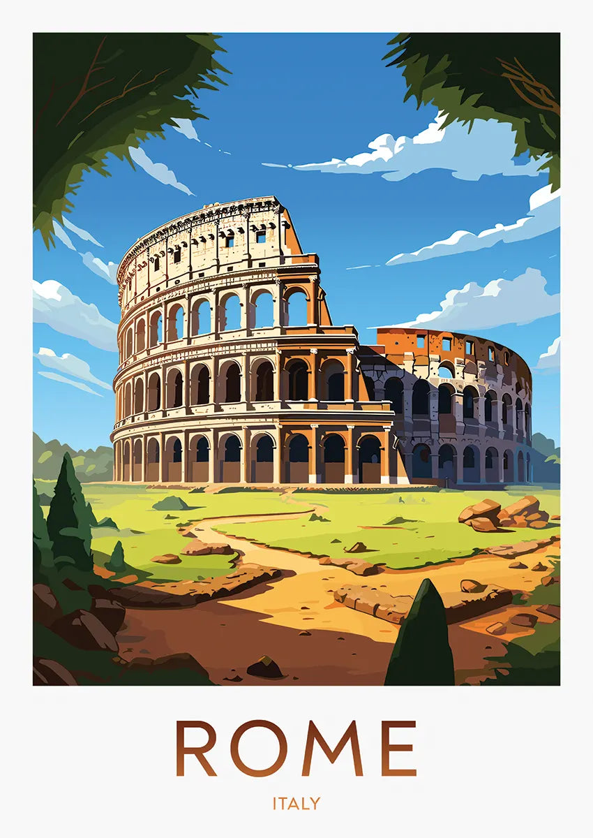 Rome Italy travel poster featuring the Colosseum under blue sky