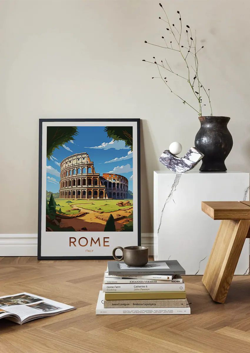 historic Colosseum wall art print with Roman architecture and sunlight