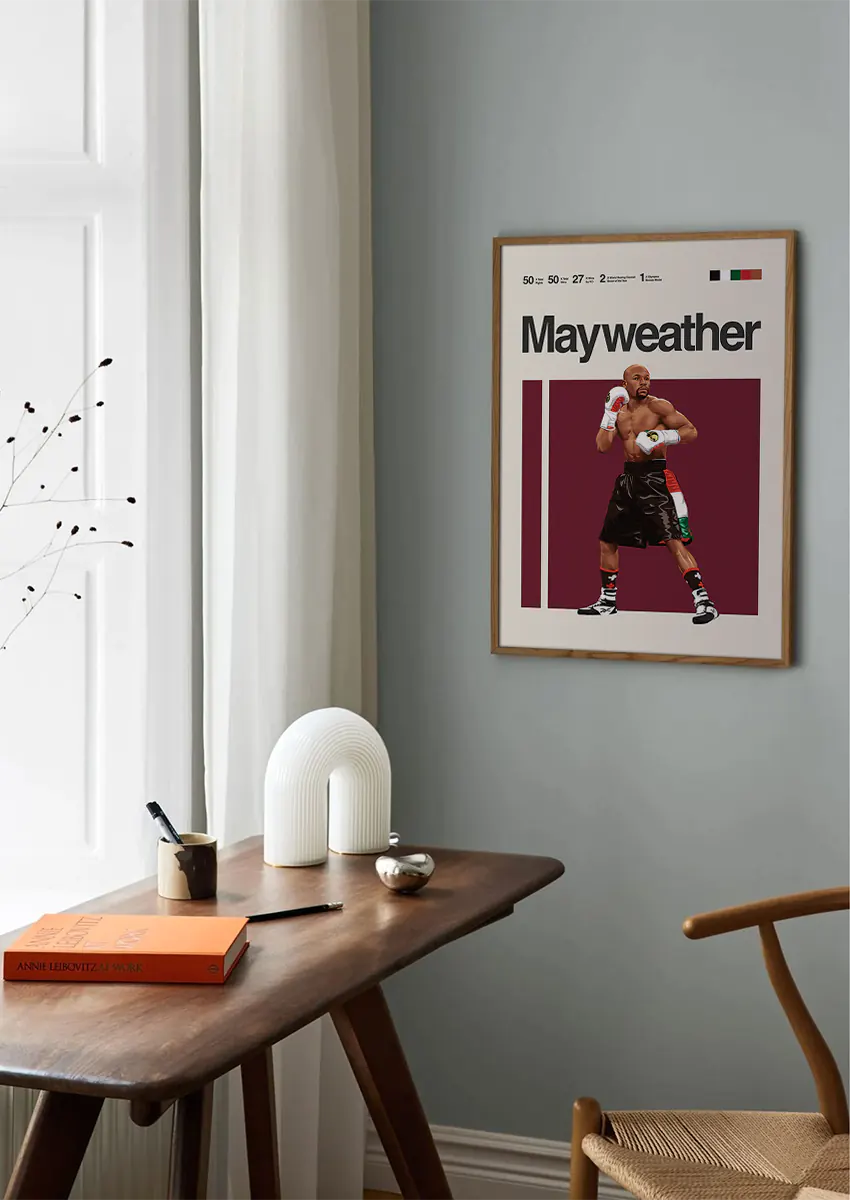 Boxing wall art of Floyd Mayweather in black shorts and gloves