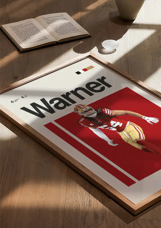 Red and gold football art print of Fred Warner in motion