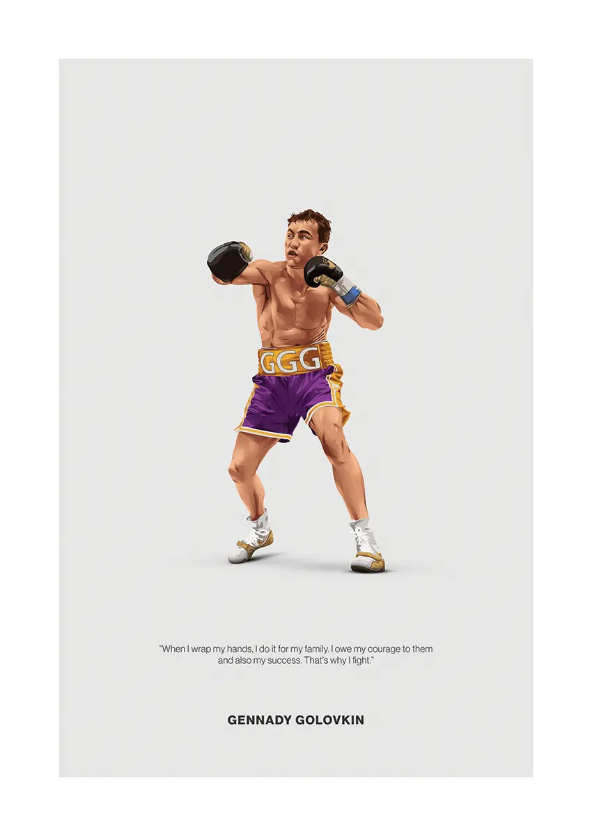 Gennady Golovkin boxing poster in purple and gold trunks with motivational quote