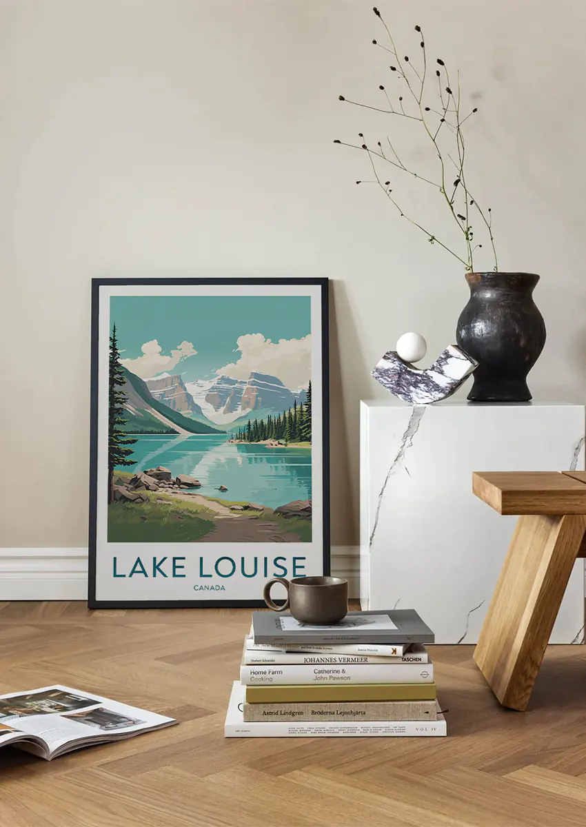 canadian rockies wall art print featuring lake louise and pine forest