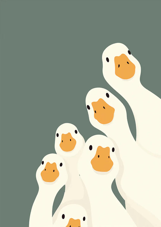 Funny goose poster with six cute geese on green background