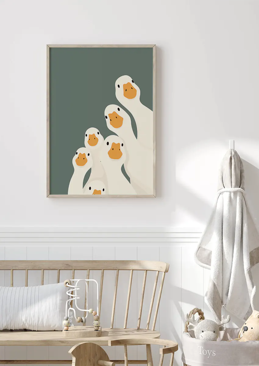 Whimsical animal print featuring illustrated flock of geese